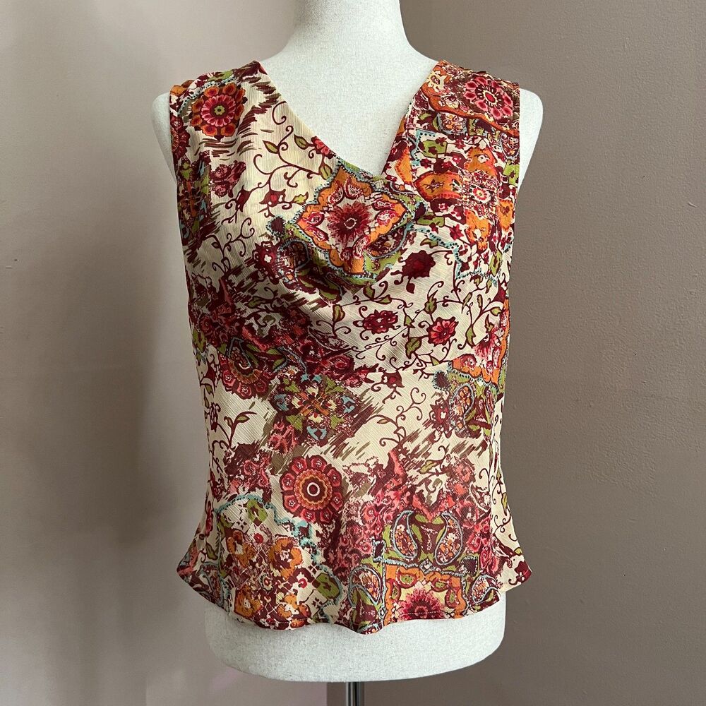 Y2K A Line Paisley Print Cowl Neck Sleeveless Blouse Boho Artsy Eclectic Size M